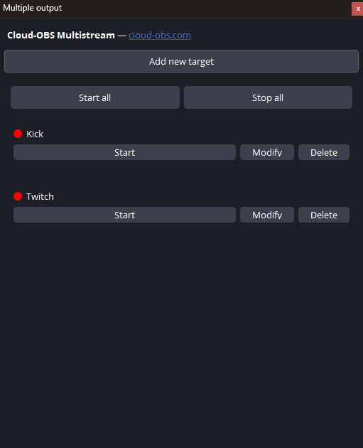 OBS Multiple Output panel with Twitch and Kick active