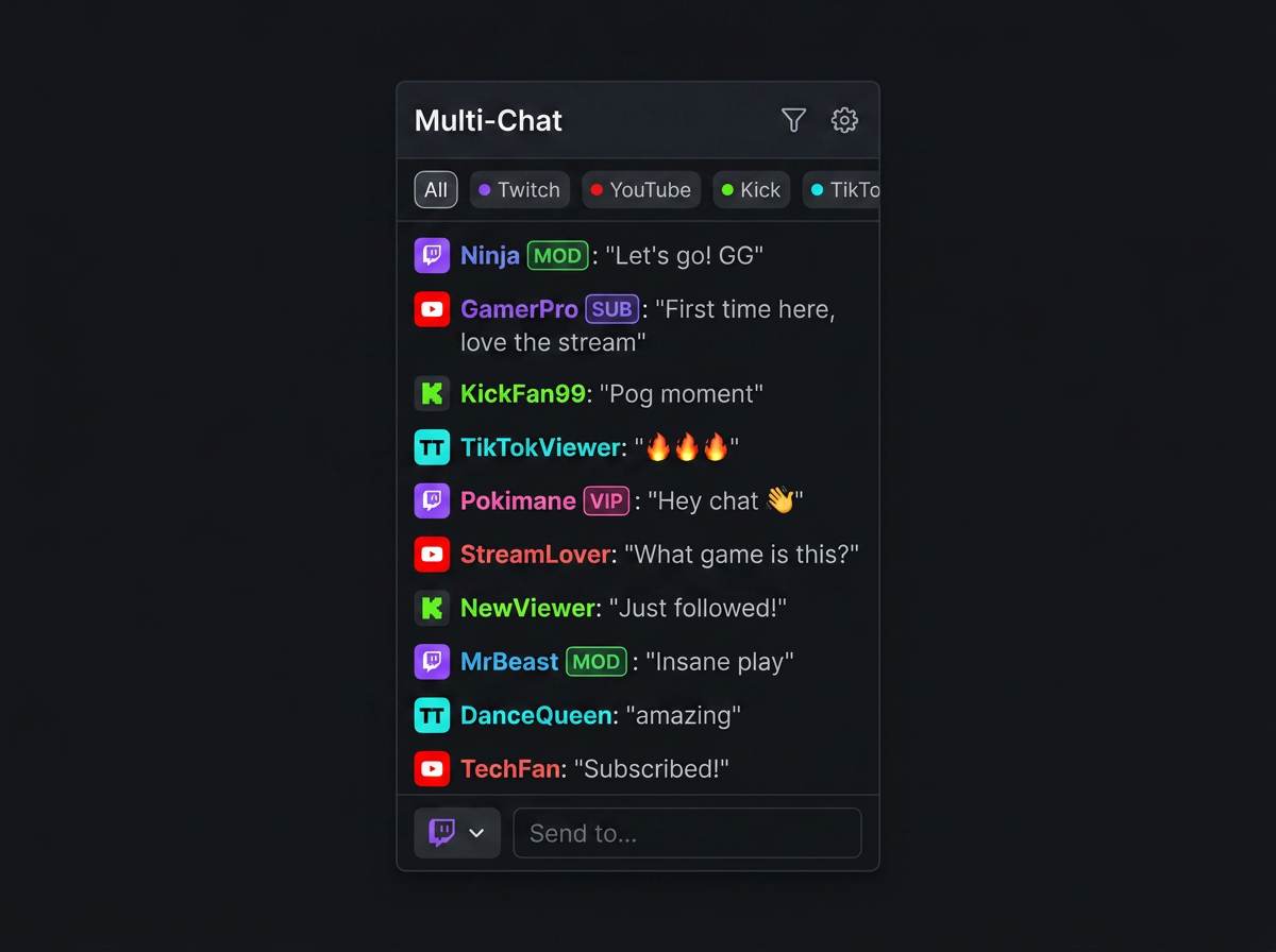 Multi-platform chat dock in OBS showing Twitch, YouTube, Kick and TikTok messages
